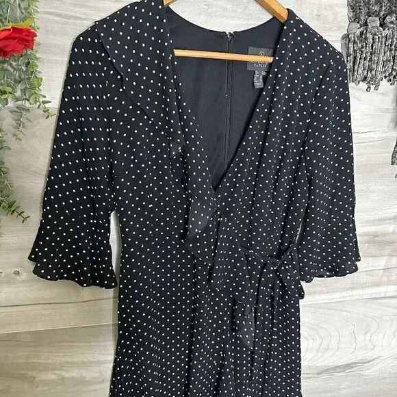Adrianna Papell Womens Black Polka Dot Ruffle V-Neck Dress Size 0 - Picture 5 of 9